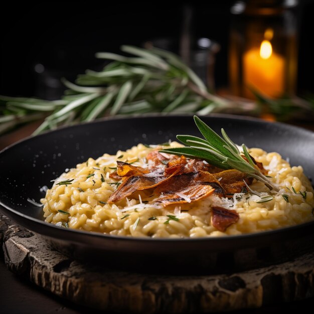 Delicious realistic risotto restaurant food on the black background