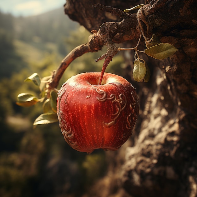 Foto una deliziosa mela rossa appesa al ramo
