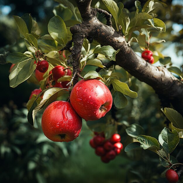 Photo a delicious red apple hanging on branch