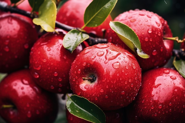 Delicious red apples on the tree covered by drops of water