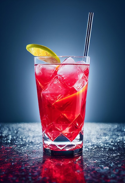 Delicious red pink whiskey cocktail with ice and fruit located on the bar background with bottles