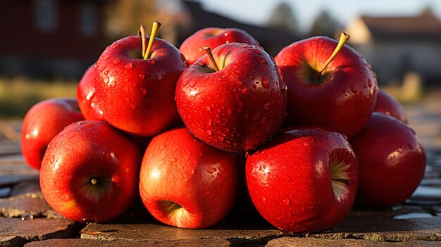 Foto delicious red ripe fresh apples met waterdruppels in het veld aigenerated