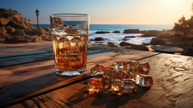 Delicious refreshing cold iced tea in a glass on a table at a beach bar