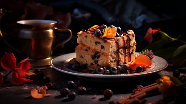 Delicious refreshing tea time cake with fresh fruit toppings with syrup garnishing