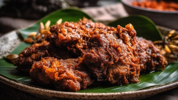 Delicious rendang on a wooden board with black background