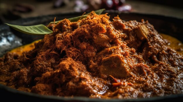 Delicious rendang on a wooden board with black background