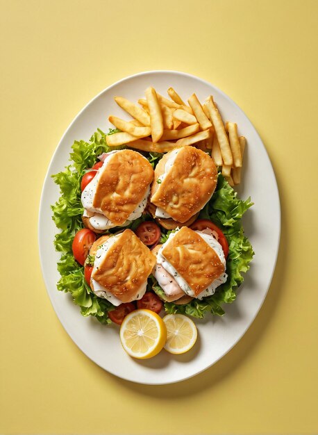 delicious restaurant food advertising a plate of fish and chips with lemon wedges