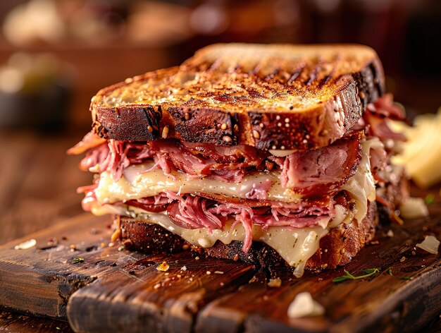 Delicious Reuben sandwich photography explosion flavors studio lighting studio background welllit vibrant colors sharpfocus highquality artistic unique awardwinning photograph