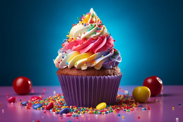 Photo delicious rnbow cupcake still life