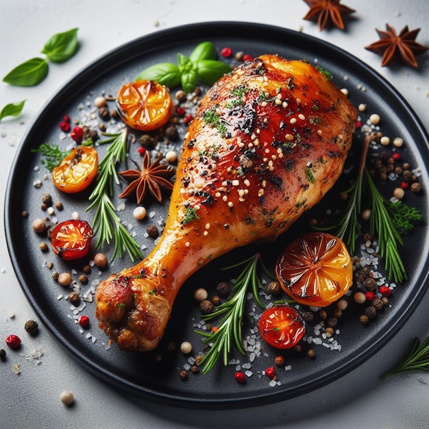delicious roast chicken on a plate on a white background
