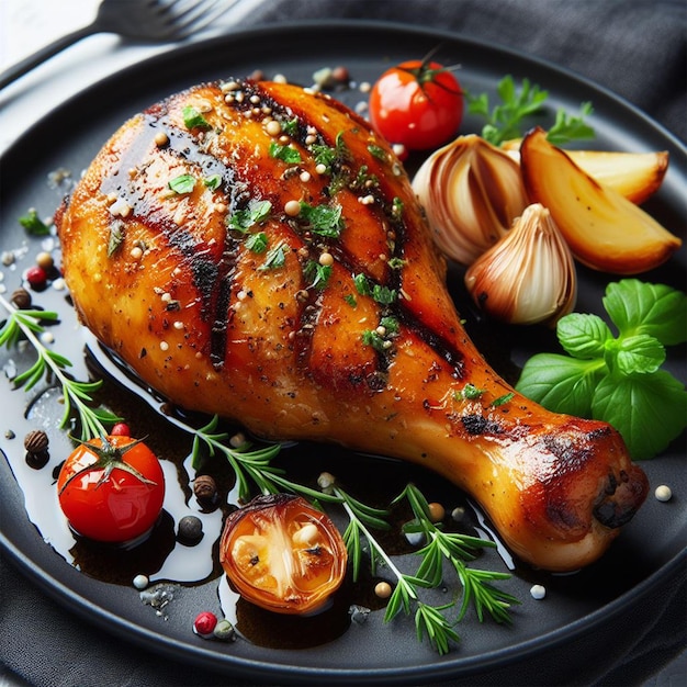 delicious roast chicken on a plate on a white background