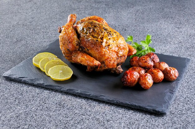 Photo delicious roast chicken served with potatoes and lemon slices