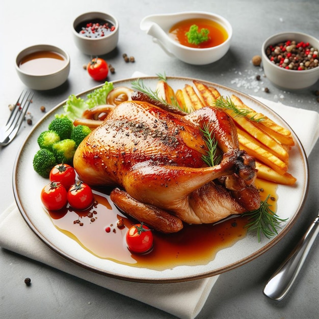 delicious roast duck on a plate on a white background