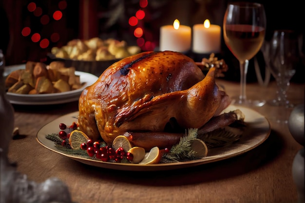 A delicious roast turkey on a plate on a table decorative