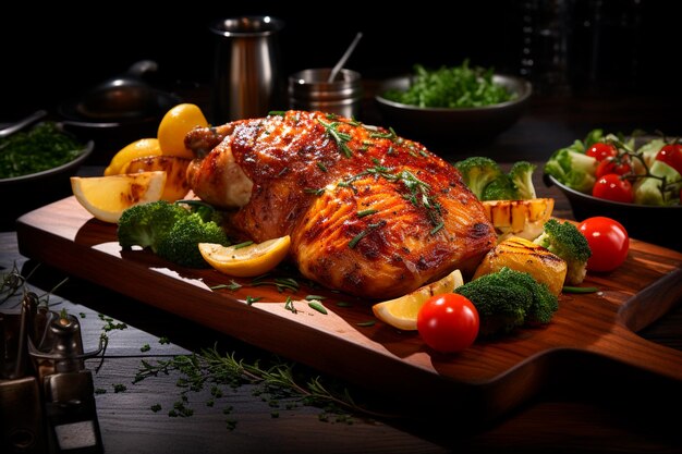 delicious roasted chicken on the wooden table