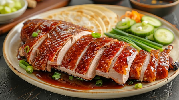 Delicious Roasted Duck Slices on Plate with Fresh Vegetables and Pancakes Asian Cuisine Concept