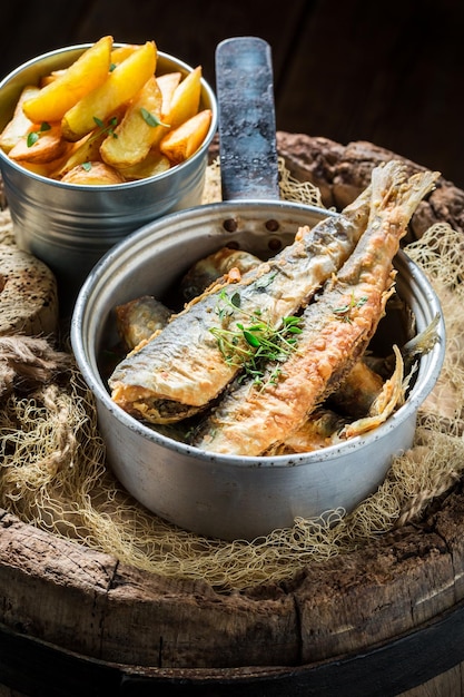 Delicious roasted herring fish with herbs and salt