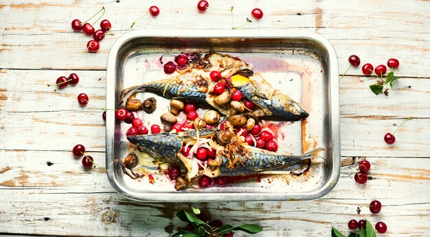 Delicious roasted mackerel fish in baking dish