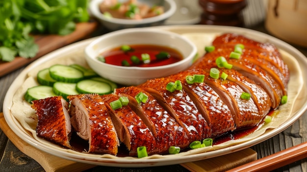 Delicious Roasted Peking Duck Sliced on a Plate with Cucumber and Sauce on Wooden Table Background