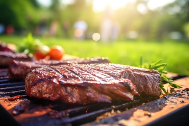 Delicious roasted steak cooking on a flaming barbecue grill