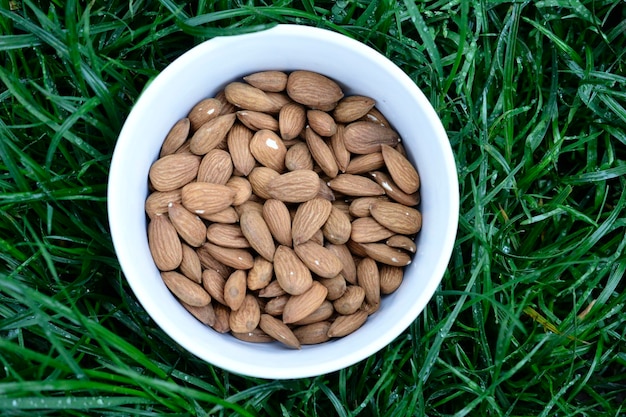 Delicious roasted sweet almonds lie in a white bowl