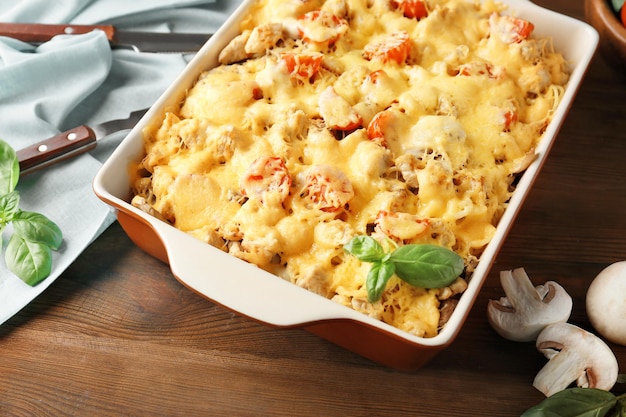 Photo delicious roasted turkey tetrazzini in baking dish on kitchen table