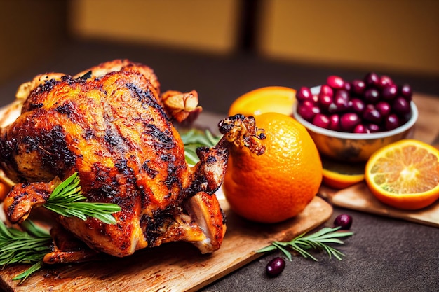Вкусная жареная целая курица или индейка на тарелке со столовыми приборами и соусом, овощи-гриль на темном деревенском фоне, фон ужина в честь Дня благодарения, стол с жареной курицей, рождественский ужин