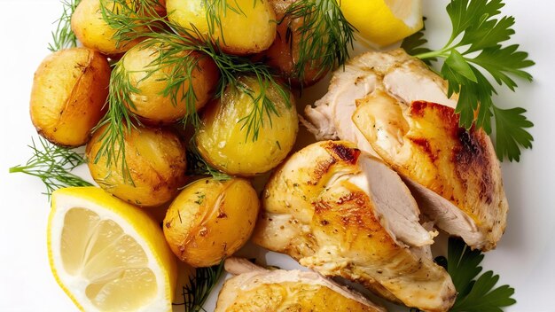 Photo delicious roasted young potatoes with dill and chicken top view