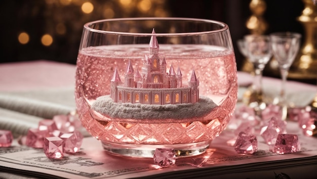 白い背景のピオニー花のグラスで美味しいバラの甘いワイン 夏の飲み物