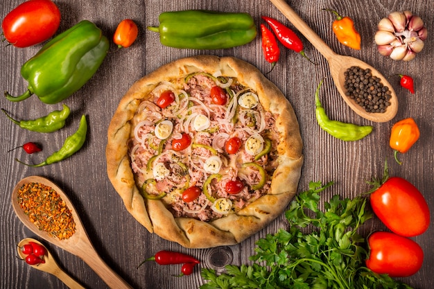 Delicious rustic pizza top view