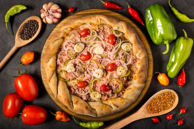 Delicious rustic pizza top view