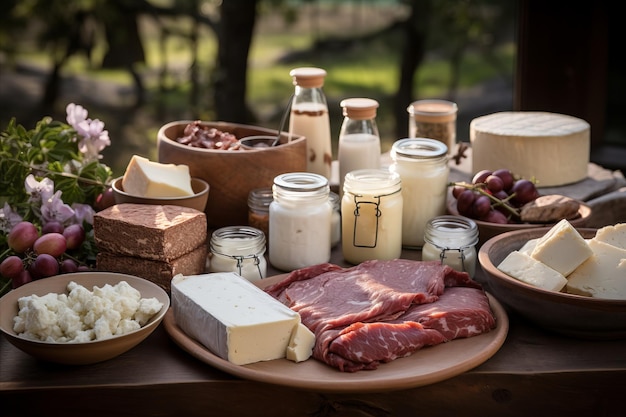 Photo delicious rusticstyle farm fresh products bread cheese cottage cheese milk and meat