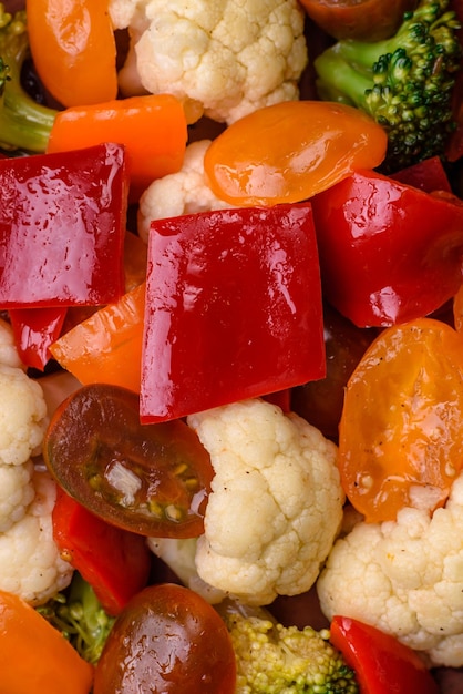 Delicious salad of fresh cherry tomatoes sweet peppers broccoli and cauliflower