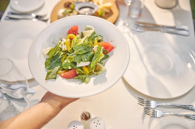 вкусный салат от шеф-повара в белой тарелке для почетных гостей