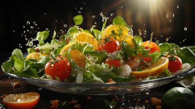 delicious salad full of vegetables on a plate with blur background