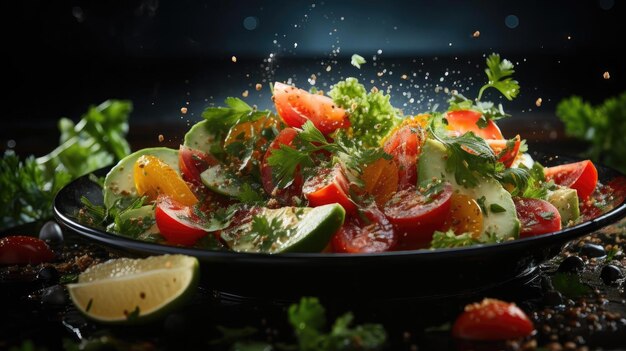 вкусный салат с овощами на тарелке с размытым фоном
