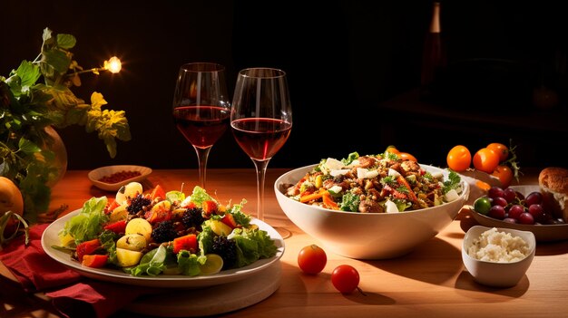 delicious salad on table with wine and glasses