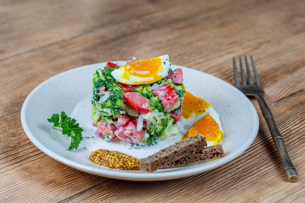 Delicious salad with broccoli tomato onion and boiled egg with cream sauce in plate on wooden background Healthy food