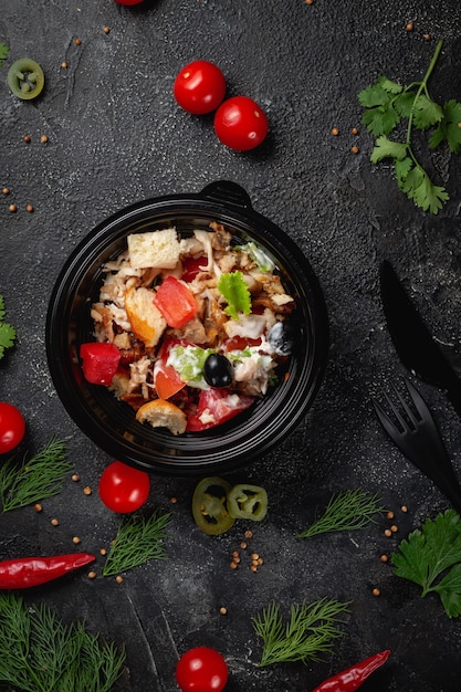 Delicious salad with chicken, olives and fresh herbs, a fresh salad on the menu of a fast food restaurant on a dark stone table. Healthy option of fast food.