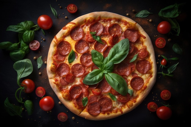 Delicious Salami Pizza on Wooden Table with Decorations