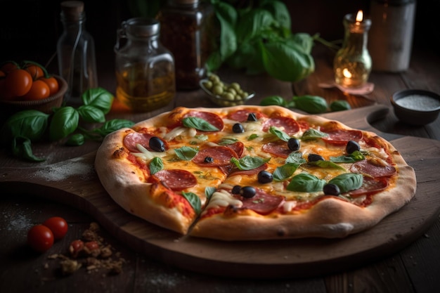 Delicious Salami Pizza on Wooden Table with Decorations