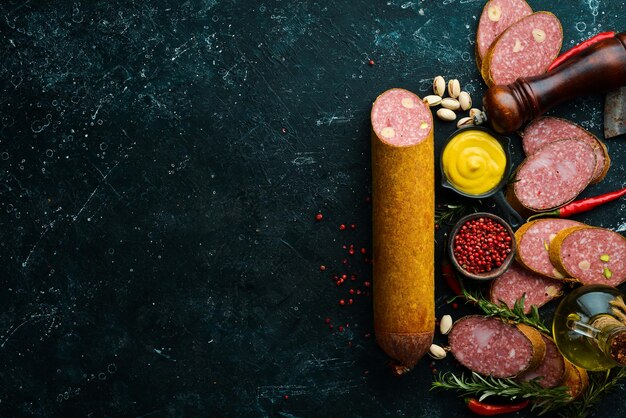 Delicious salami with rosemary and spices on a black background Top view Rustic style