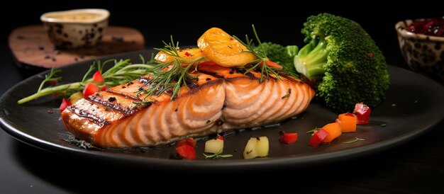 Вкусное рыбное филе лосося на гриле стейк еда ИИ сгенерированное изображение