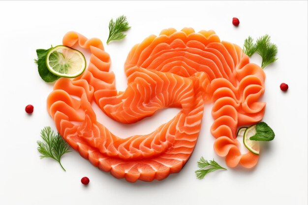 Фото Вкусный лосось медли символ местоположения с свежими ингредиентами, представленный на хрустящем белом фоне