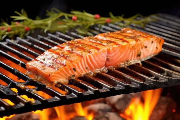 Photo delicious salmon steak on grill skin side down