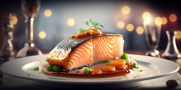 delicious salmon steak juicy on blurred background