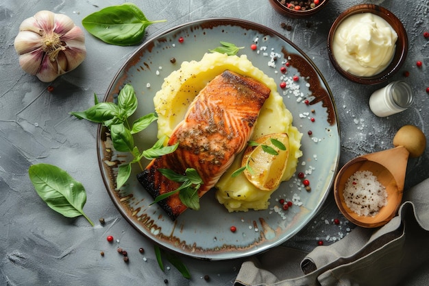 Delicious salmon with mashed potatoes and greens on plate