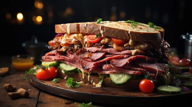 Delicious sandwich full of meat and vegetables black and blur background