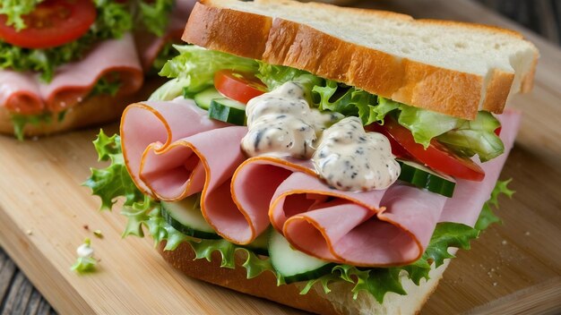 Photo a delicious sandwich whith ham and salad