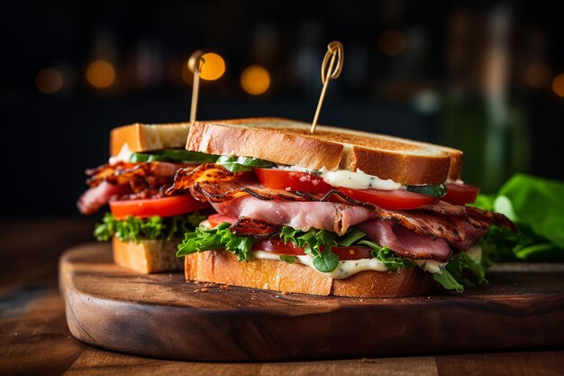 Delicious sandwich on wood board generated by AI